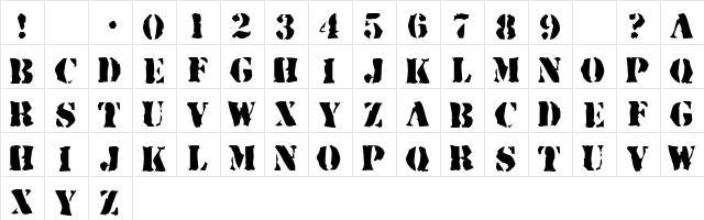 Rugged Stencil Regular  glyph index