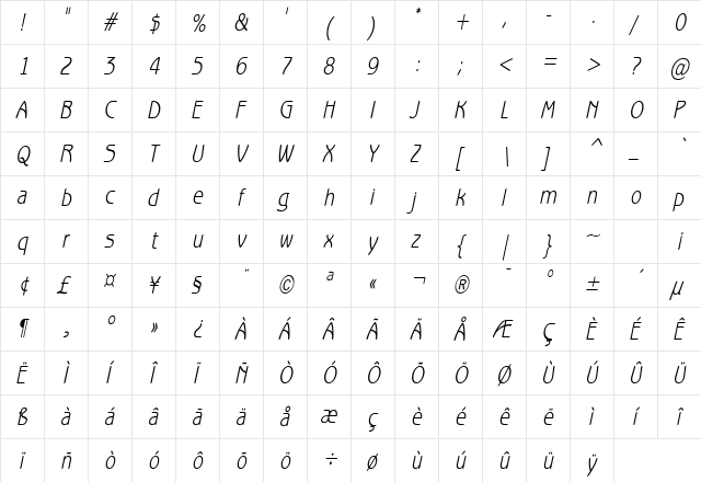 Beagle Condensed Italic  glyph index