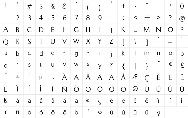 Marina Regular  glyph index