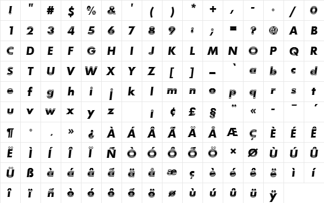 FuturaTBolOblIn1 Regular  glyph index