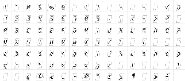 ElectronicaWhiteC Italic  glyph index