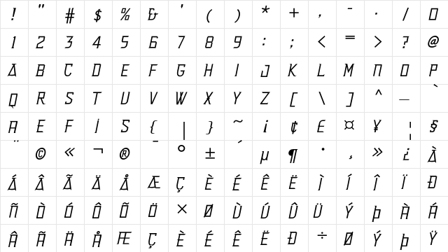 Delux Normal  glyph index