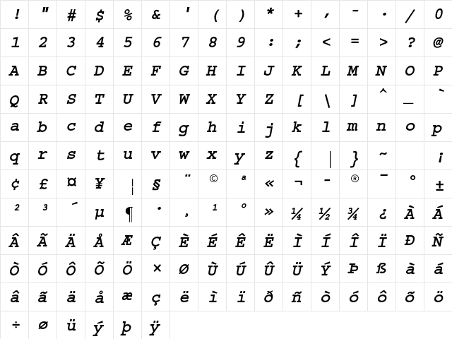 Courier Std Bold Oblique  glyph index