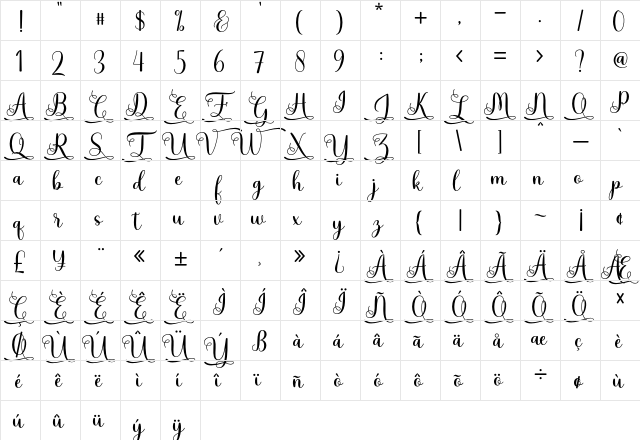 Yoshieka Regular  glyph index