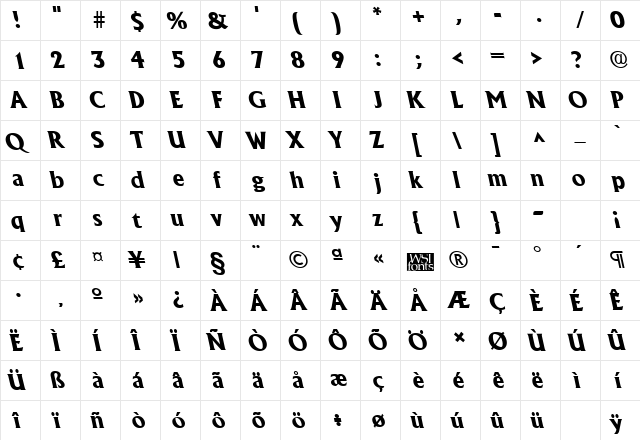 AlbertaBackslantExtrabold Regular  glyph index