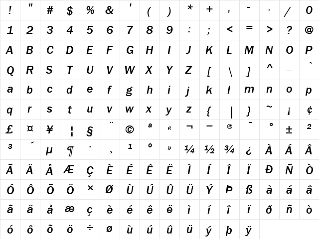 ITCFranklinGothic-Medium MediumItalic  glyph index