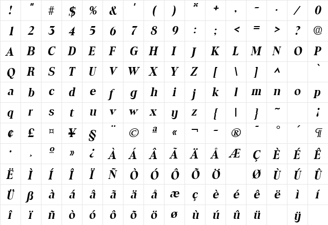 Toledo Bold Italic  glyph index