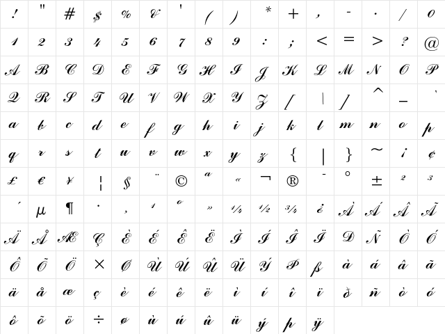 Commercial Script Regular  glyph index