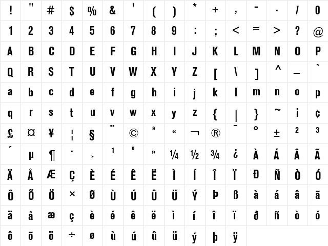 Berthold Akzidenz Grotesk BE Bold Condensed  glyph index