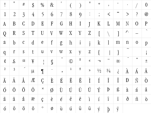GaramondNovaCondL Regular  glyph index