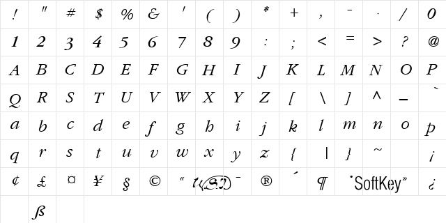 Amethyst Lite Italic Italic  glyph index