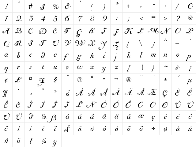 BodoniClassic Regular  glyph index