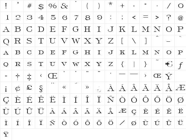 RobertoLight Regular  glyph index