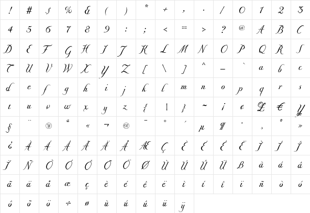 Donna Bodoni Be Script Regular  glyph index