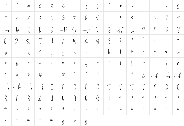 Amellia Ink Regular  glyph index