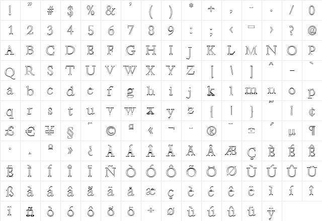 AndrewBeckerOutline-ExtraLight Regular  glyph index