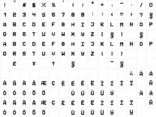 Space Grunge Regular  glyph index