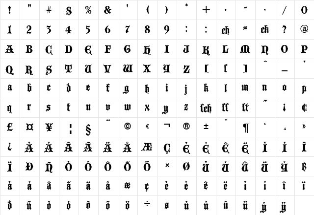 Blackwood Castle Regular  glyph index
