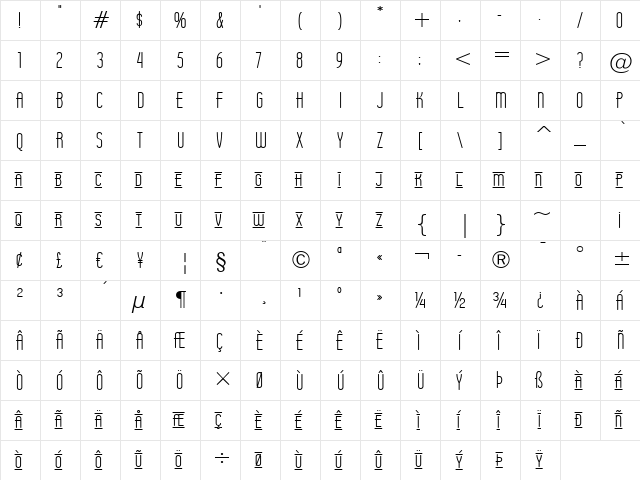Operator Nine BTN Lined Regular  glyph index