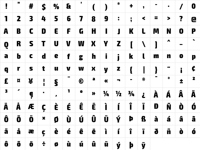 Exo 2 Black Condensed  glyph index