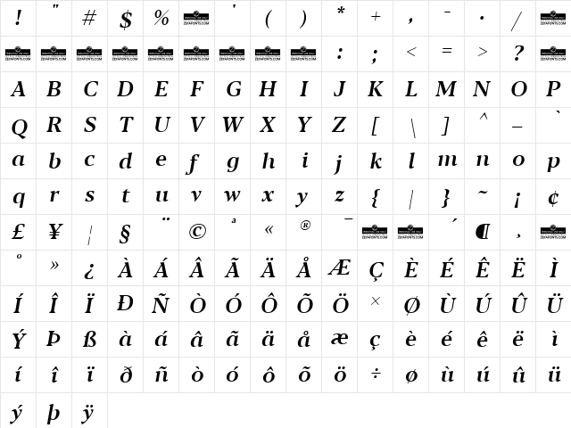 Blacker Text Medium Italic  glyph index