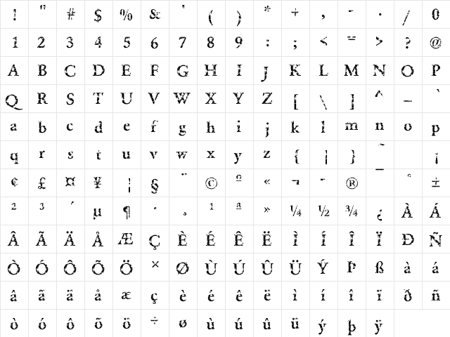 DTCGaramondM32 Regular  glyph index