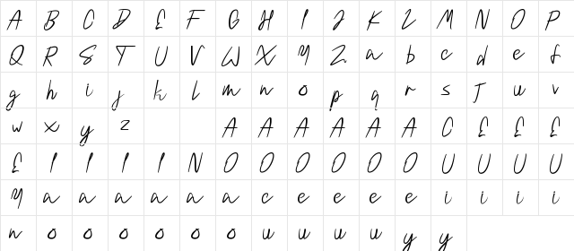 Velasquis TamyraDemo Script Regular  glyph index