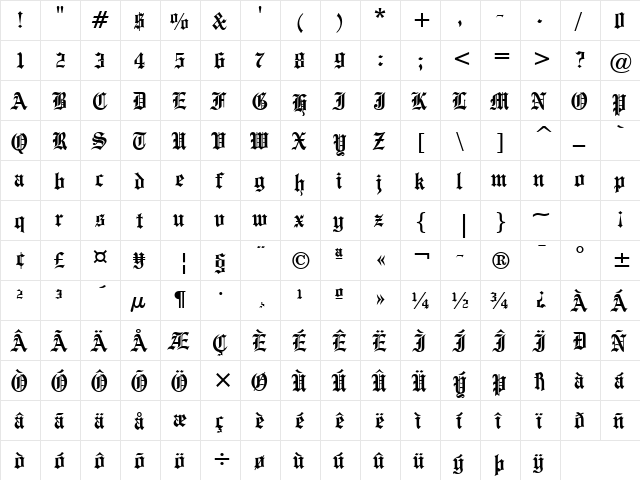 Engraved Condensed Bold  glyph index