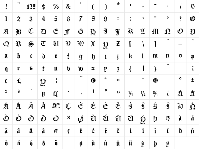 SabbathBlackHeavy Regular  glyph index