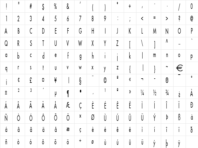 FusiThin Normal  glyph index