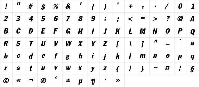 FagotCondensedC Italic  glyph index