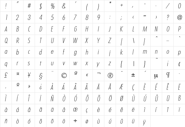 Limerick-XlightCondIta Regular  glyph index