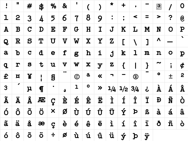 Typo Writer Demo Bold  glyph index