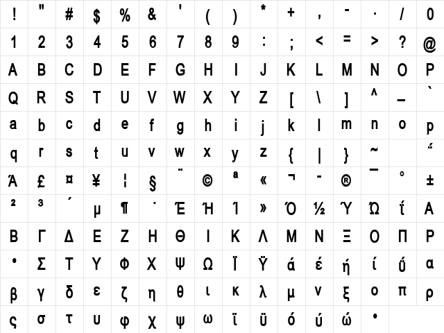 HellasArial Condensed Bold  glyph index