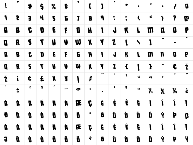 Deathblood Rotated Regular  glyph index