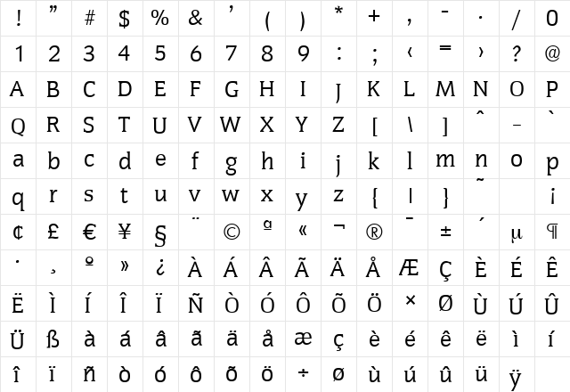 CongressSerial Regular  glyph index