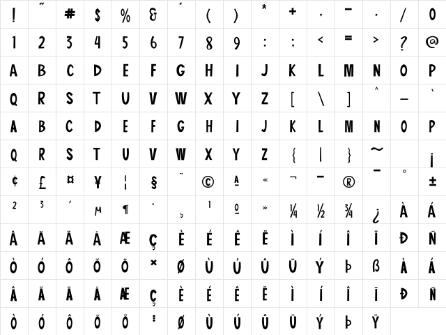 Barroomba Regular  glyph index