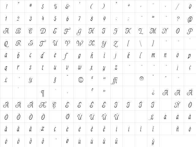 Alys Script Light Regular  glyph index