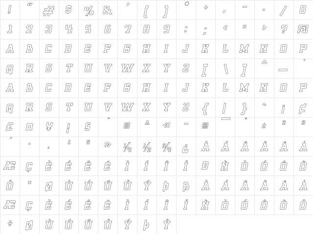 ROQUERO Italic Outline  glyph index
