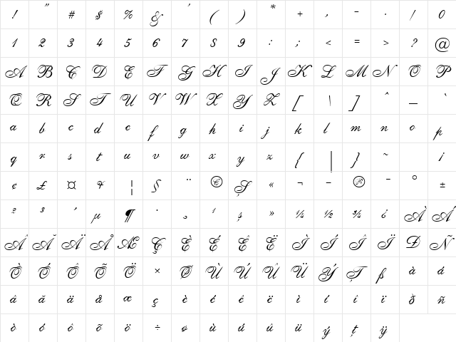 Caligraf W Normal  glyph index