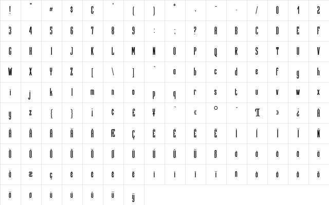 Slimline Bold  glyph index