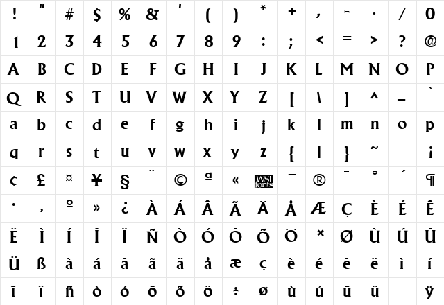 Alberta Bold  glyph index