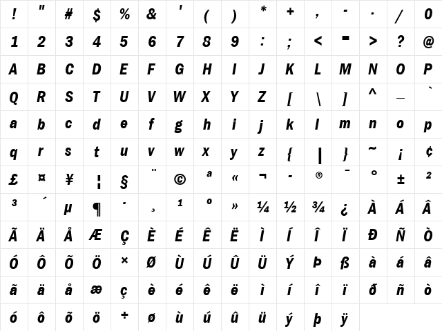 ITCFranklinGothic LT BookCn Bold Italic  glyph index