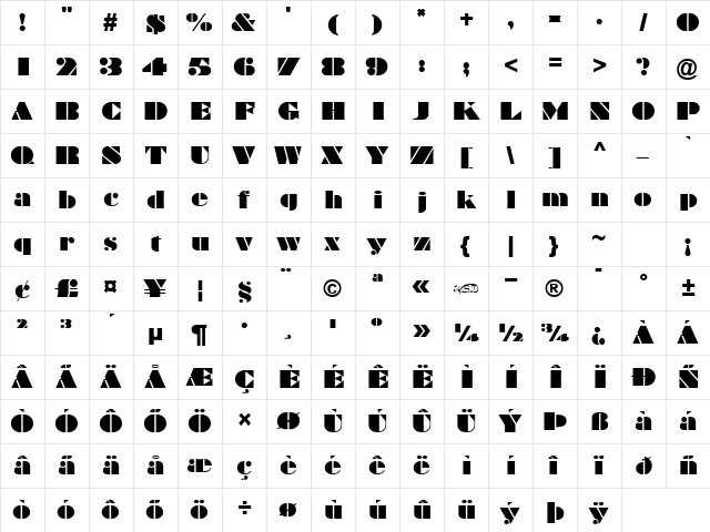 Bravado Regular  glyph index