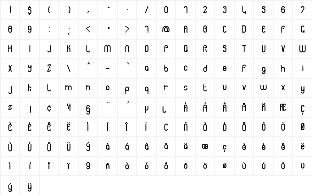 Tacoma Regular  glyph index