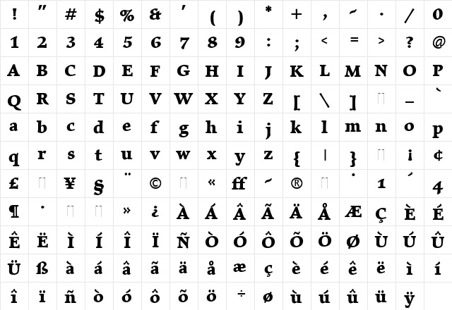 Elysium Bold Regular  glyph index