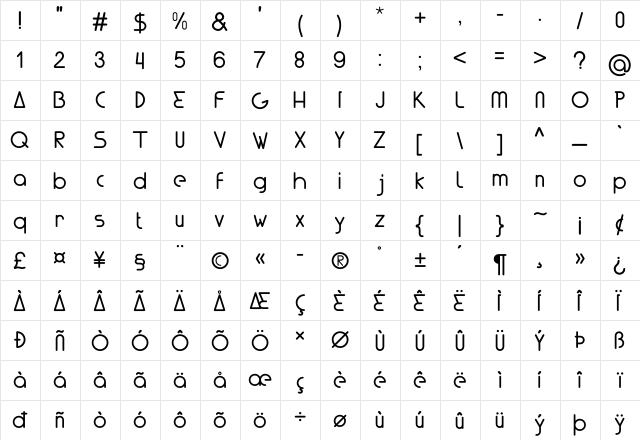 Lunar Regular  glyph index