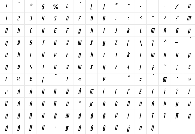 SF Square Root Oblique  glyph index