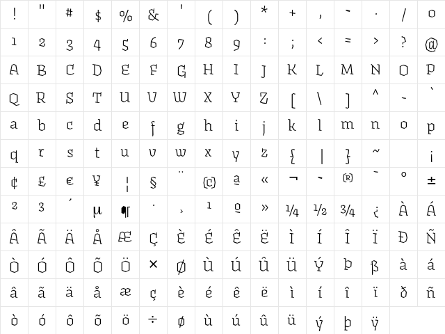 Fakir Regular  glyph index