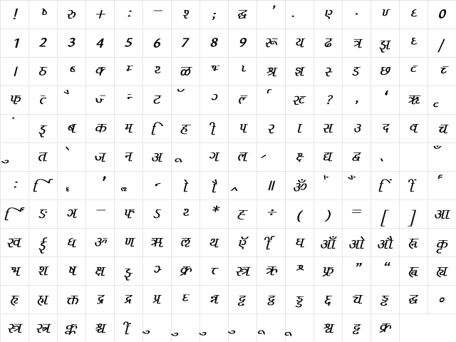 Liza Bold Italic  glyph index